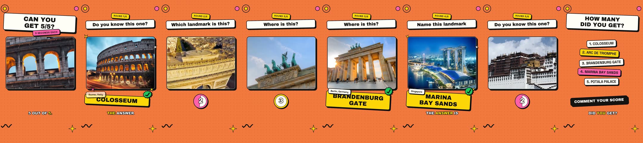 Eight frames sampled from start to finish of the Guess It render “Can you name these 5 landmarks? 3 seconds each”.