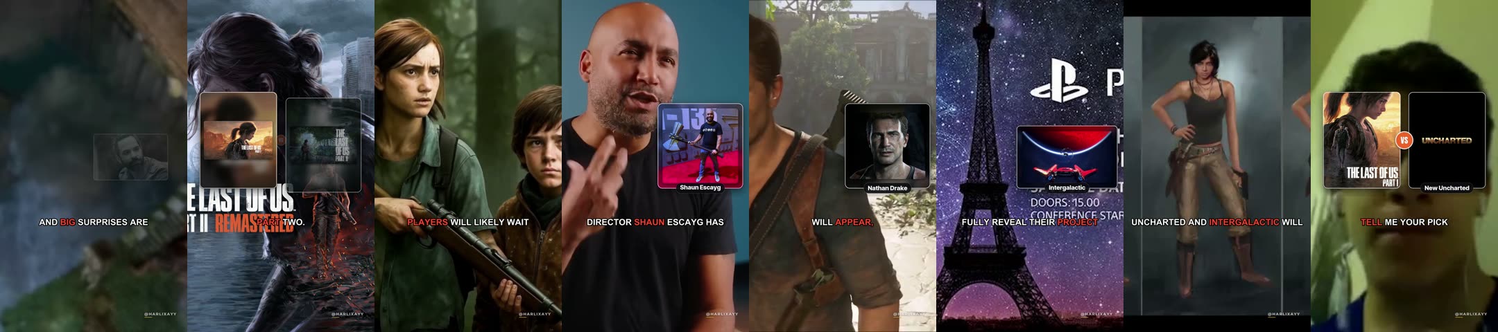 Eight frames sampled from start to finish of the Standard Shorts render “Two new Last of Us games confirmed”.