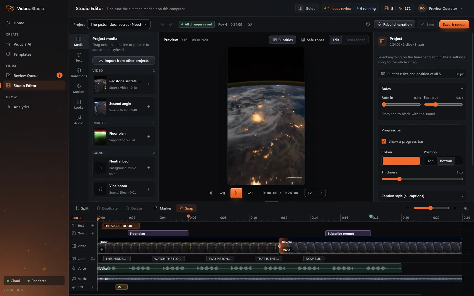 The Studio Editor in ViduciaStudio: a media bin on the left, a 9:16 preview of Earth at night from orbit in the middle, project settings for fades and a progress bar on the right, and a timeline below with Text, Overlays, Video, Captions, Voice, Music and SFX tracks.