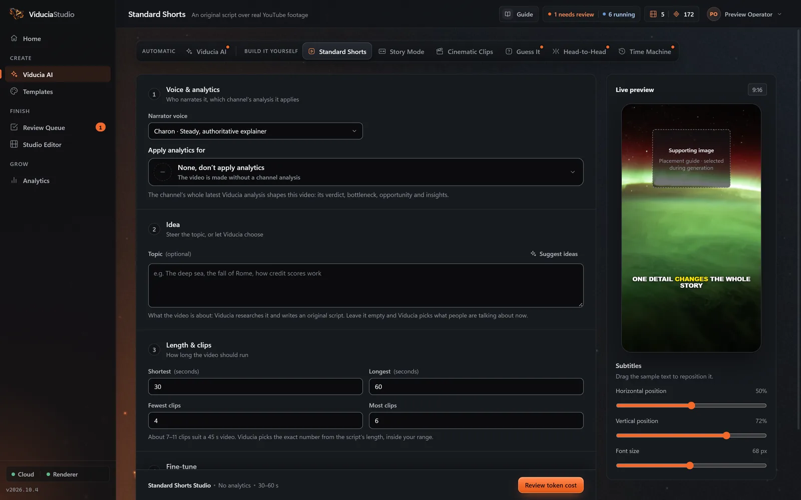 The Standard Shorts studio in ViduciaStudio: narrator voice, an optional topic box, length and clip range, beside a live phone preview with sample captions.