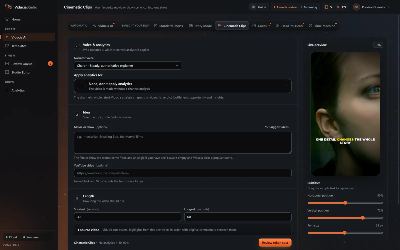 The Cinematic Clips studio in ViduciaStudio: narrator voice, a movie or show box, an optional YouTube link and the length, beside a live preview of a film frame with captions.